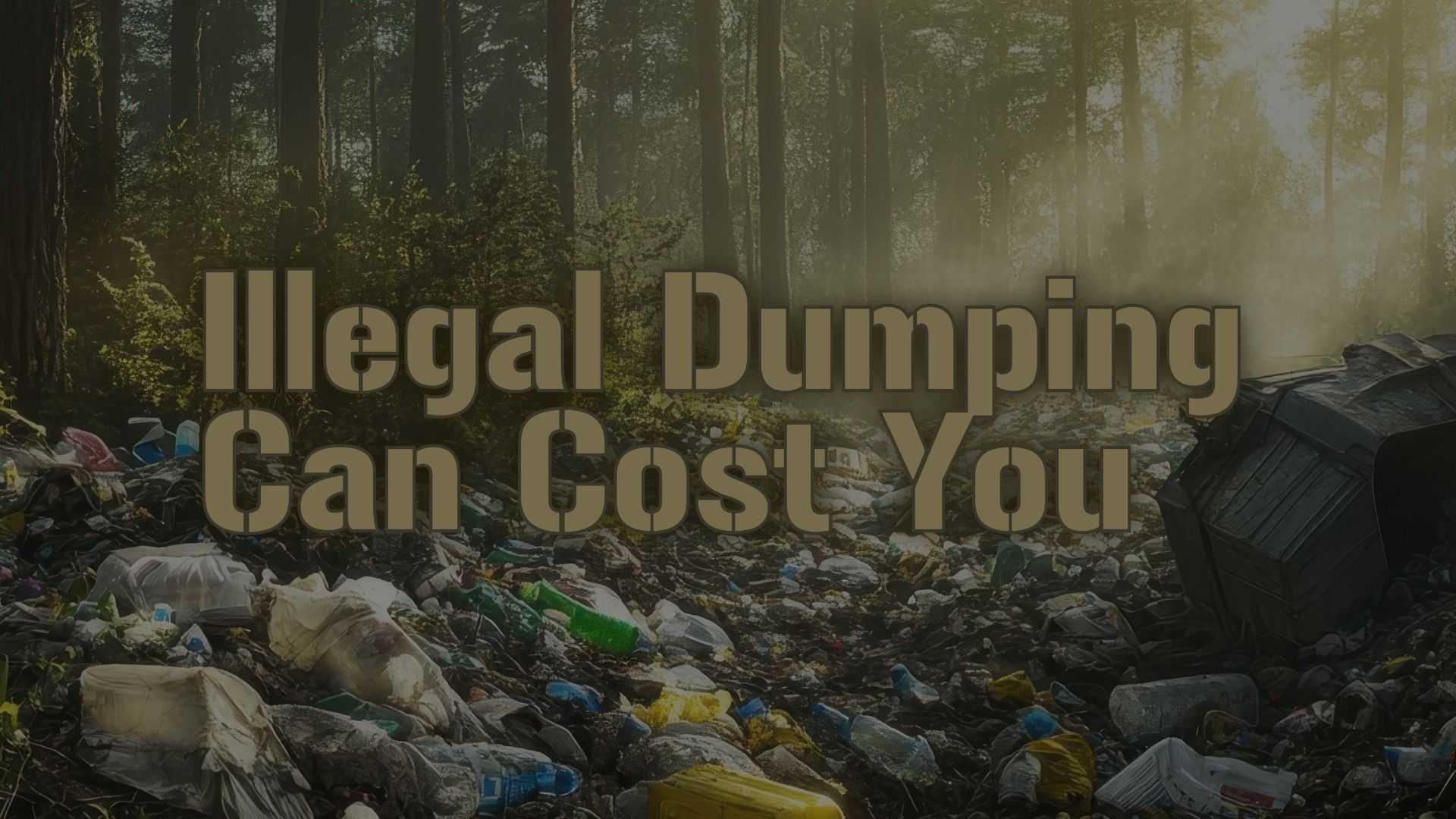 Illegal dumping awareness graphic showing a forest strewn with plastic bottles, bags, and trash debris, with large text reading: “Illegal Dumping Can Cost You.”